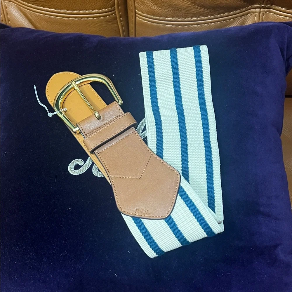 Ralph Lauren Navy and White Striped Elastic Belt with Tan Leather